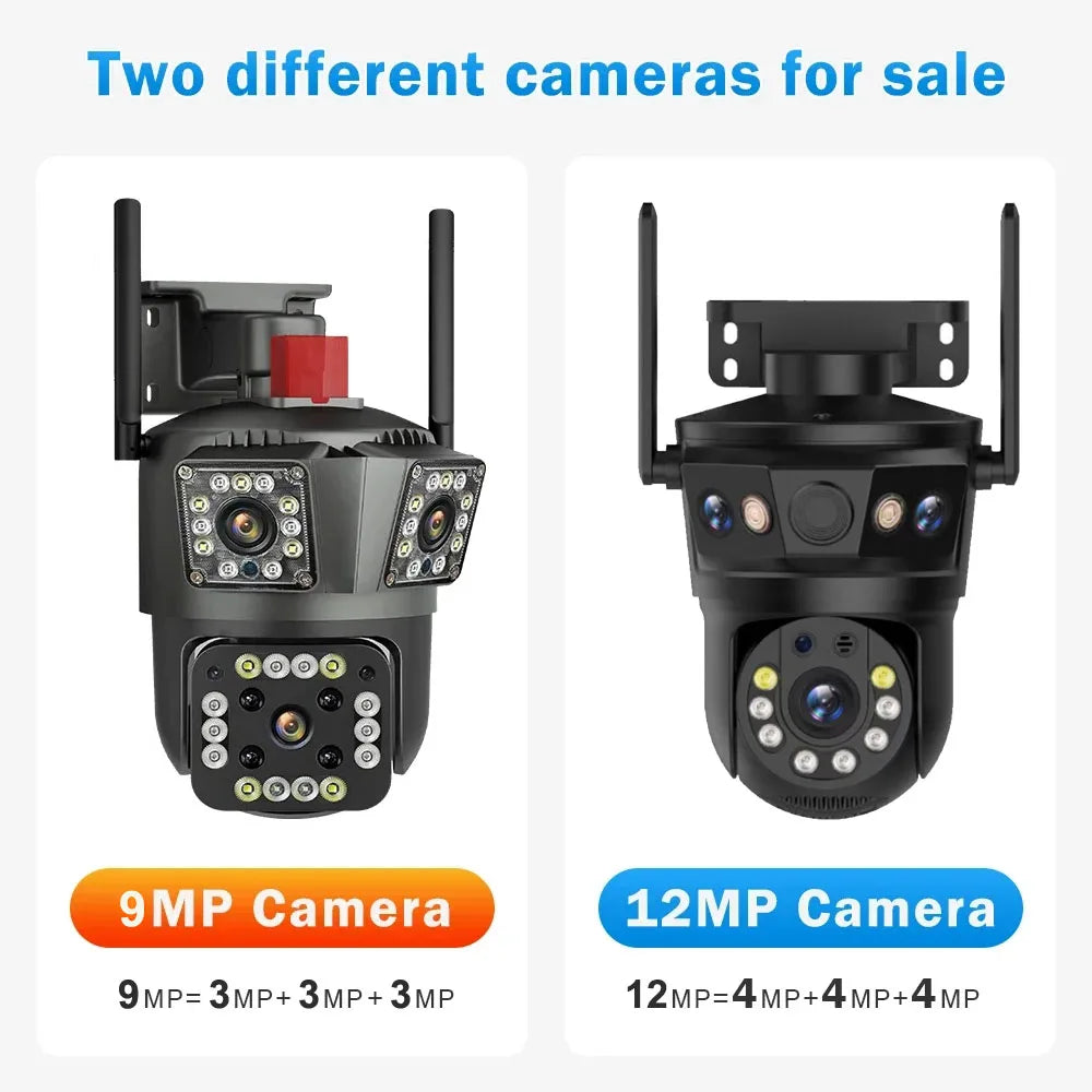 Cámara WiFi 12MP Tríple Lente PTZ Exterior | Visión 360°, Detección Humana y Resistente al Agua