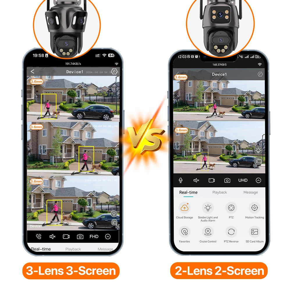 Cámara WiFi 12MP Tríple Lente PTZ Exterior | Visión 360°, Detección Humana y Resistente al Agua