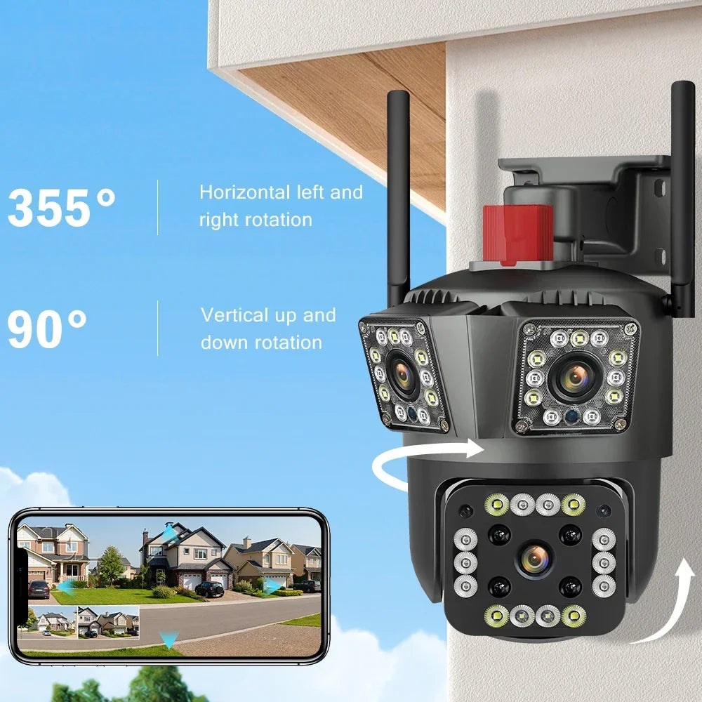 Cámara WiFi 12MP Tríple Lente PTZ Exterior | Visión 360°, Detección Humana y Resistente al Agua