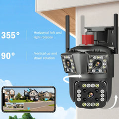 Cámara WiFi 12MP Tríple Lente PTZ Exterior | Visión 360°, Detección Humana y Resistente al Agua
