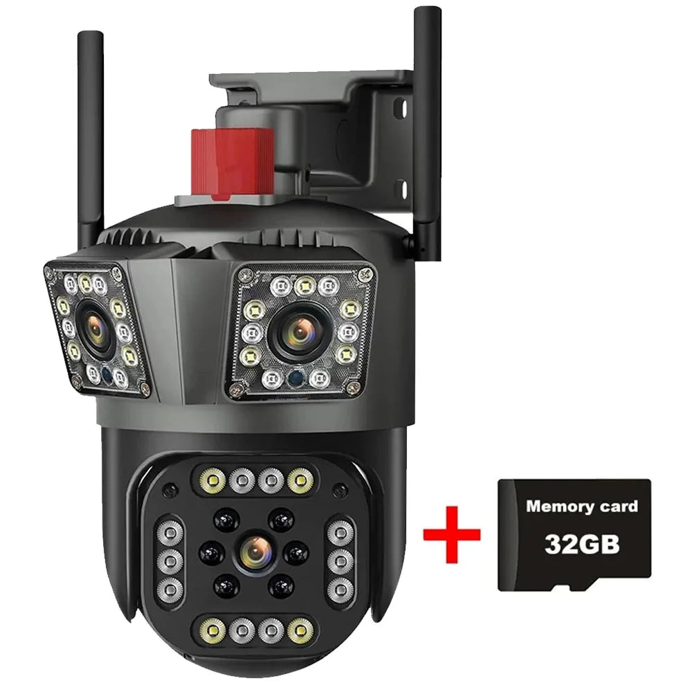 Cámara WiFi 12MP Tríple Lente PTZ Exterior | Visión 360°, Detección Humana y Resistente al Agua